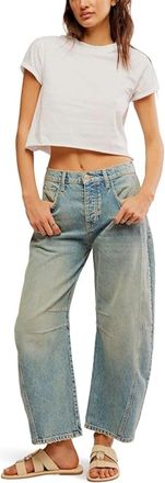 Free People Womens Free People We The Free Good Luck Barrel Jeans Blue Mid-Rise DDR2861