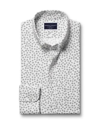CHARLES TYRWHITT Non-Iron Stretch Print Black Floral Cotton Shirt - White Size Large by Charles Tyrwhitt
