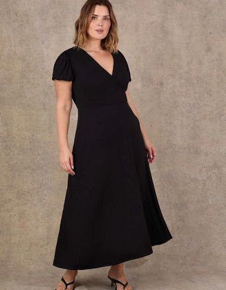 Live Unlimited London Womens Black Wrap Front Midi Dress with Short Sleeves - Size: 16