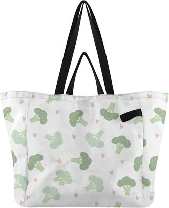 Generic Cute Broccoli Heart White pattern Reusable Canvas Tote Bag, Heavy Duty Grocery Shopping Bag with Hard Bottom Double Handles Large Capacity Work Grocer