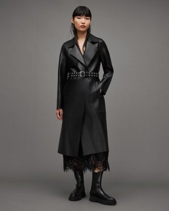 AllSaints Farren Leather Eyelet Belted Trench Coat