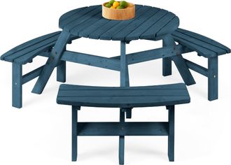 Best Choice Products 6-Person Circular Outdoor Wooden Picnic Table w/ 3 Built-In Benches, Umbrella Hole