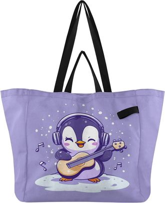 Generic Penguin Guitar Purple pattern Reusable Canvas Tote Bag, Heavy Duty Grocery Shopping Bag with Double Handles Large Capacity Hard Bottom Work Groceries 
