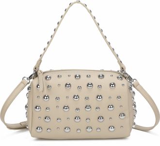 Generic Womens Black Studded Crossbody Bag, Silver Metal Studs, Textured Leather, Shoulder Strap, Zipper Closure (Beige)