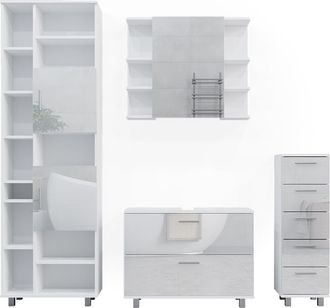 Vicco Conjunto De Muebles De Cuarto De Ba&ntilde;o Ilias, Blanco Alto Brillo, 4 Piezas, Con Mueble Alto