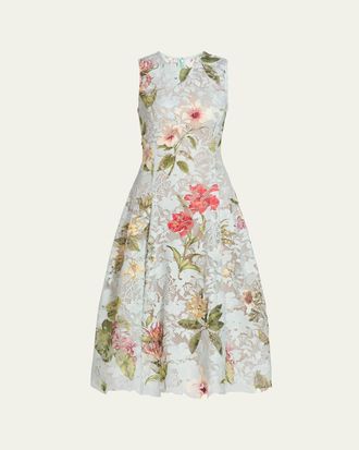 Oscar De La Renta Multi Domican Floral Print Lace Midi Dress