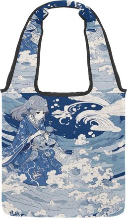 Generic Cartoon Girl Wave Reversible Canvas Shoulder Tote - Double-Sided Print, 12oz Cotton, 27cm Drop, Fold-Flat Bag for Travel, Shopping, Street Outings
