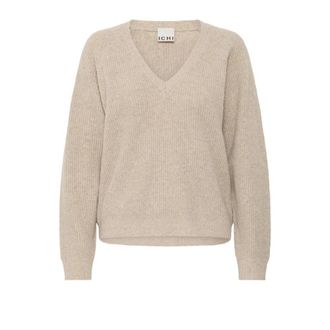 Ichi Gezellige Havermout Melange Gebreide Trui - Dames - V-hals truien - Beige - S - Wol - Truien & Vesten