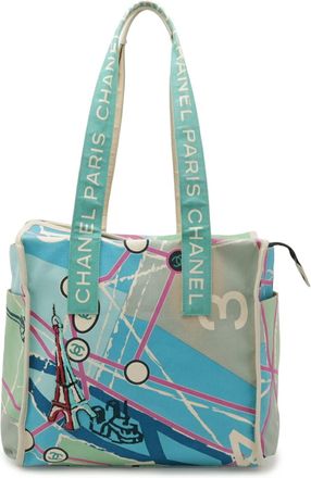 Chanel Blue Blue Green Multi-Color Canvas Shoulder Bag Tote Bag (Pre-Owned)