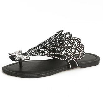 Generic Womens Fashion Flat Flip Flop Summer Dressy Slippers Glitter Rhineston Buftterfly Deocr Lightweight Casual Beach Slides (7.5,Black)