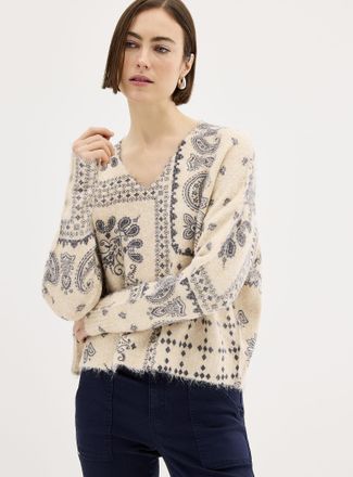Contemporaine Womens Paisley pattern loose V-neck sweater