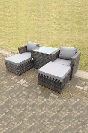 Fimous Rattan Chair Footstools Garden Patio Furniture Set With High Tall Coffee Table 4 Seater in Dark Grey