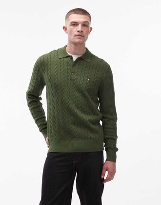 Tommy Hilfiger Polo a maniche lunghe in maglia lavorata a trecce verde militare