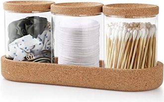 No Brand Juego De 3 Organizadores De Vidrio Transparente Para Bastoncillos De Algod&oacute;n Y Accesorios De Maquillaje