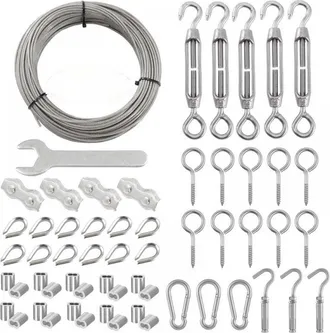 OEM Cable Acier Inoxydable - 2 Mm X 30 M - Avec Tendeurs Boucles Crochets Et Accessoires - Pour Soutien Plantes Cordes A Linge Lustres - Lot De 59 Pieces