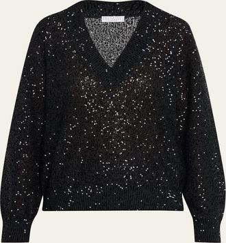 Brunello Cucinelli Shimmering Linen-Cashmere V-Neck Sweater