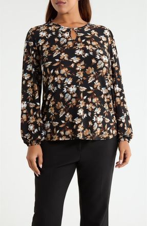Anne Klein Floral Print Keyhole Top in Anne Black Multi at Nordstrom, Size 1X