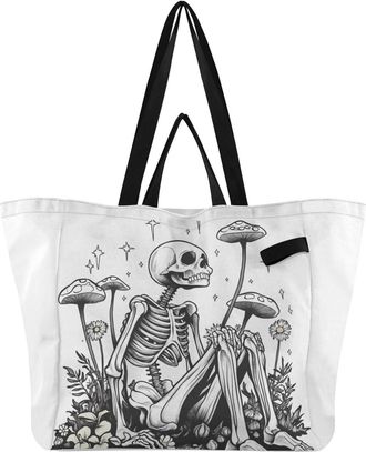 Generic Mushroom Stars White print Reusable Canvas Tote Bag, Heavy Duty Grocery Shopping Bag with Large Capacity Hard Bottom Double Handles Work Groceries Tra