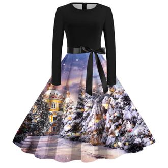 Generic Womens Christmas Dress Multi Colored Vintage Printed Holiday Long Sleeve Cocktail Dress Winter Dresses for Women 2025 Party Dresses with Novelty Chris