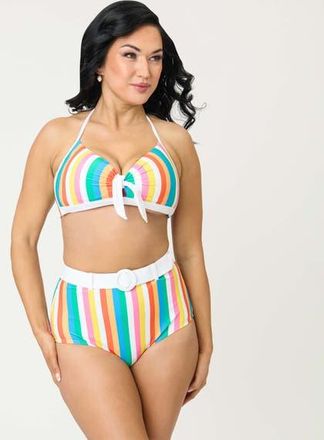 Unique Vintage High Waisted Belted Redondo Swim Bottoms in Blue Rainbow Stripe at Nordstrom, Size X-Large