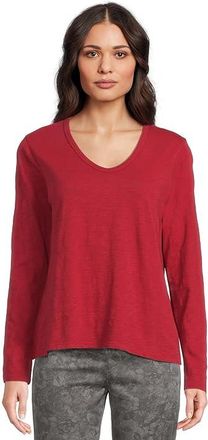 Elliott Lauren Garment Dye Tees - Long Sleeve V-Neck Knit Top Womens T Shirt Garnet : SM, Cotton
