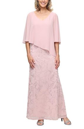 S.L. Fashions Cape Sleeve Floral Glitter Mesh Gown in Blush at Nordstrom, Size 12P
