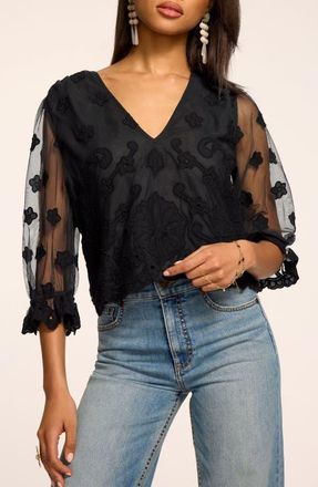 Ramy Brook Esmeralda Floral Embroider V-Neck Shirt in Black Embroidery at Nordstrom, Size Xx-Large