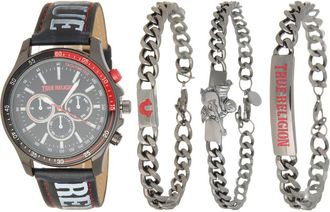 True Religion Chronograph Faux Leather Strap Watch, 44.5mm & Assorted Bracelets Set in Black at Nordstrom Rack