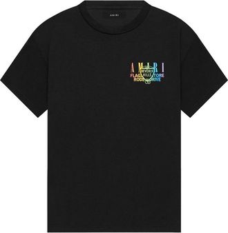 Amiri Mens Exclusive Beverly Hills Rainbow Printed T-Shirt in Black Cotton - Size Medium