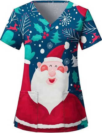 Generic Christmas Scrubs Tops Womens Scrub T Shirt with Pockets Ladies Casual Loose V Neck Xmas Cute Santa Printed Short Sleeves Tee Tops Workwear Holiday Blo