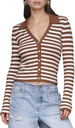 Avec Les Filles Striped Pointelle Polo Cardigan in Brown/Beige at Nordstrom Rack, Size X-Large