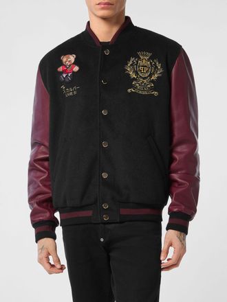 Philipp Plein Wool and Leather Varsity Bomber Jacket with Long Sleeves and Embroidered Logo