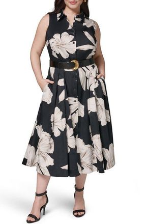 DKNY Floral Sleeveless Stretch Cotton Shirtdress in Black Multi at Nordstrom, Size 16W