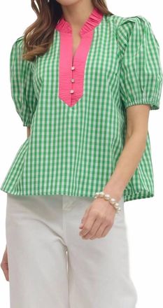 Entro Gingham Puff Sleeve Top In Green