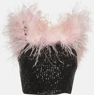 Self Portrait Black Sequin Feather Off Shoulder Crop Top
