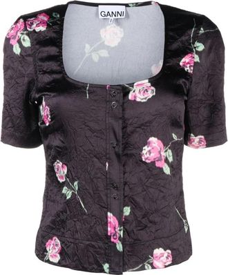 Ganni Crinkled Satin Blouse - Dames - Blouses - Zwart - XS - Polyester - Overhemden