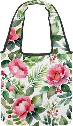 Generic Flowers and Green Leaves Reversible Canvas Shoulder Tote - Double-Sided Print, 12oz Cotton, 27cm Drop, Fold-Flat Bag for Travel, Shopping, Street Outi
