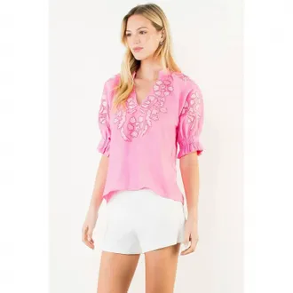 THML Clothing Puff Sleeve Floral Embroidery V-Neck Top In Pink