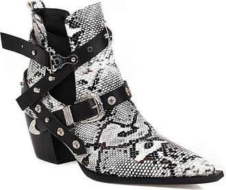 Generic Womens Ankle Boots Snakeskin Print Multi Buckle Studded Pointed Toe Block Heels Comfortable Non Slip Durable for Party Night Out Street Fashion,White,