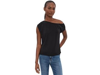 Liverpool L.A. Petite Short Sleeve Asymmetric Off-Shoulder Knit Top Womens Clothing Black : PXS, Elastane/Viscose