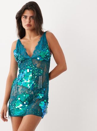 Asos vestito corto cami in pizzo trasparente con applicazioni posizionate verde petrolio-Blu