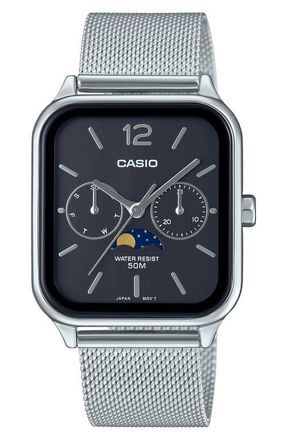 Casio Moonphase Mesh Strap Watch, 44.5mm x 34mm in Silver/Black at Nordstrom