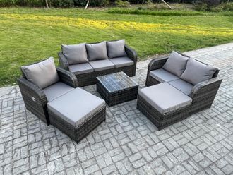 Fimous 8 Seater High Back Rattan Garden Furniture Set with Square Coffee Table 2 Big Footstool Indoor Outdoor Patio Lounge Sofa Set Dark Grey Mixed