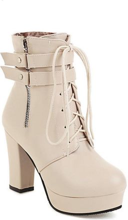 Generic Womens Chunky Platform Mid-Calf Boots with Gothic Details - Front Lace-Up, Side Zipper, Buckles,Beige,1.5 UK