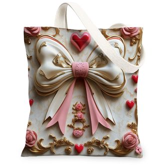 Generic Elegant Vintage Hearts Canvas Tote Bags, Romantic Bow Pattern Reusable Shopping Bags, Lightweight Washable Shoulder Strap Tote for Travel, Outdoor, Pa