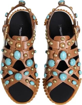 Dolce & Gabbana Mens Brown Leather Studded Slides Sandals Shoes