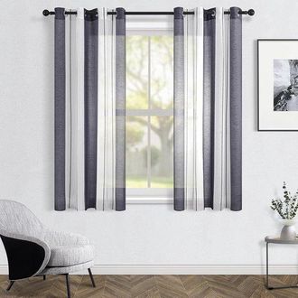 No Brand 2 Cortinas De Voile Semitransparentes A Rayas (140x145cm), Paneles Cortos Modernos Para Ventanas De Sala De Estar, Cocina Y Dormitorio Con Anillas (bl