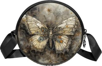 Generic Circle Crossbody Bag for Women, Vintage Butterfly Pattern Small Sling Bag Daypack with Zipper Adjustable Shoulder Straps Casual Ladies Girls Round Pur