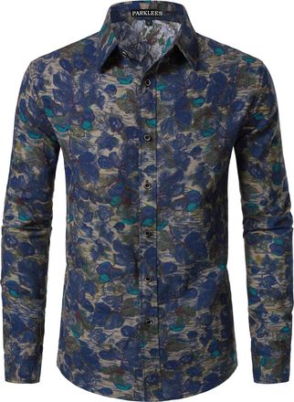 PARKLEES Mens Cotton Linen 70s Disco Retro Traditional Pattern Printed Long Sleeve Button Down Shirt Blue Flowers XX-Large
