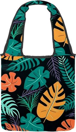 Generic Tropical Leaves Pattern Reversible Canvas Shoulder Tote - Double-Sided Print, 12oz Cotton, 27cm Drop, Fold-Flat Bag for Travel, Shopping, Street Outin